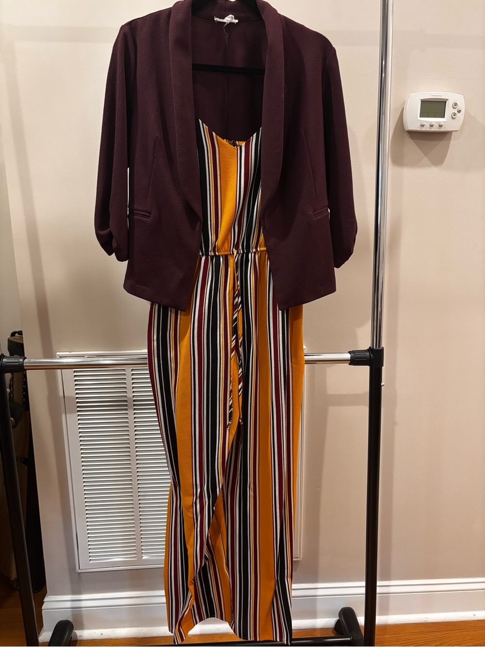 Maurices Striped Mustard, Burgundy & Black Jumpsuit with Burgundy Blazer